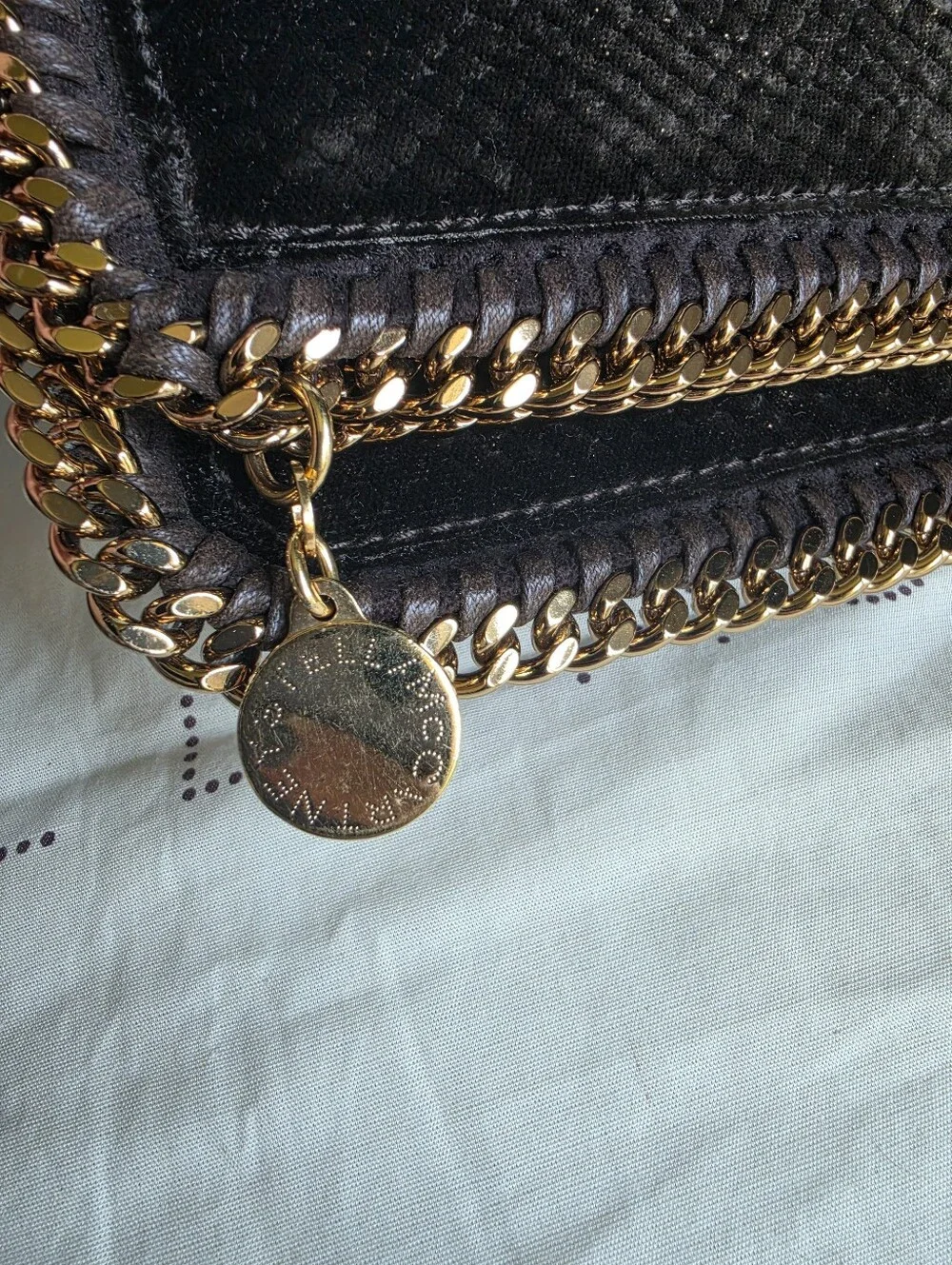 Stella McCartney Black Faux-Snake Foldover Chain Clutch with Gold Trim
